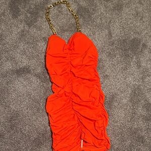 Vibrant Orange Ruched Dress with Gold Chain Straps